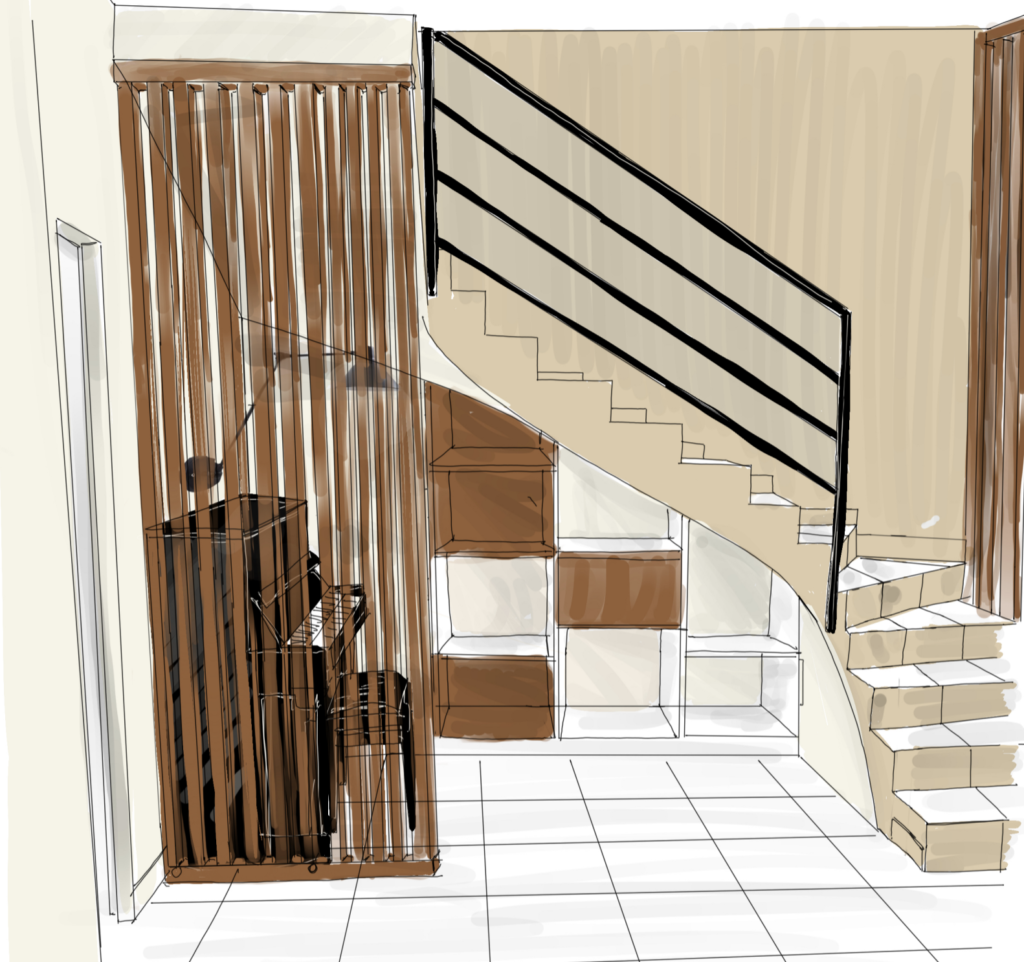 Perspective de conception d'un escalier avec claustra en bois et rangements intégrés
