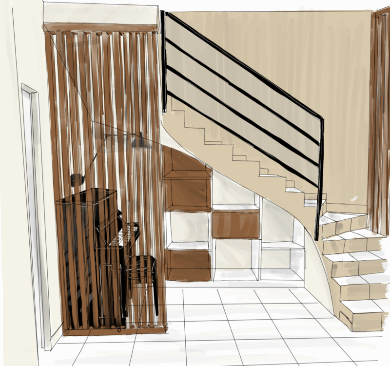 Perspective de conception d'un escalier avec claustra en bois et rangements intégrés