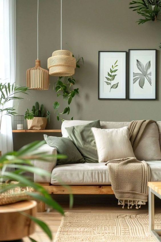 Salon avec plantes, matières naturelles et décoration inspirée de la nature