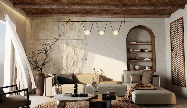 Salon d'inspiration Wabi Sabi avec matériaux bruts et ambiance apaisante